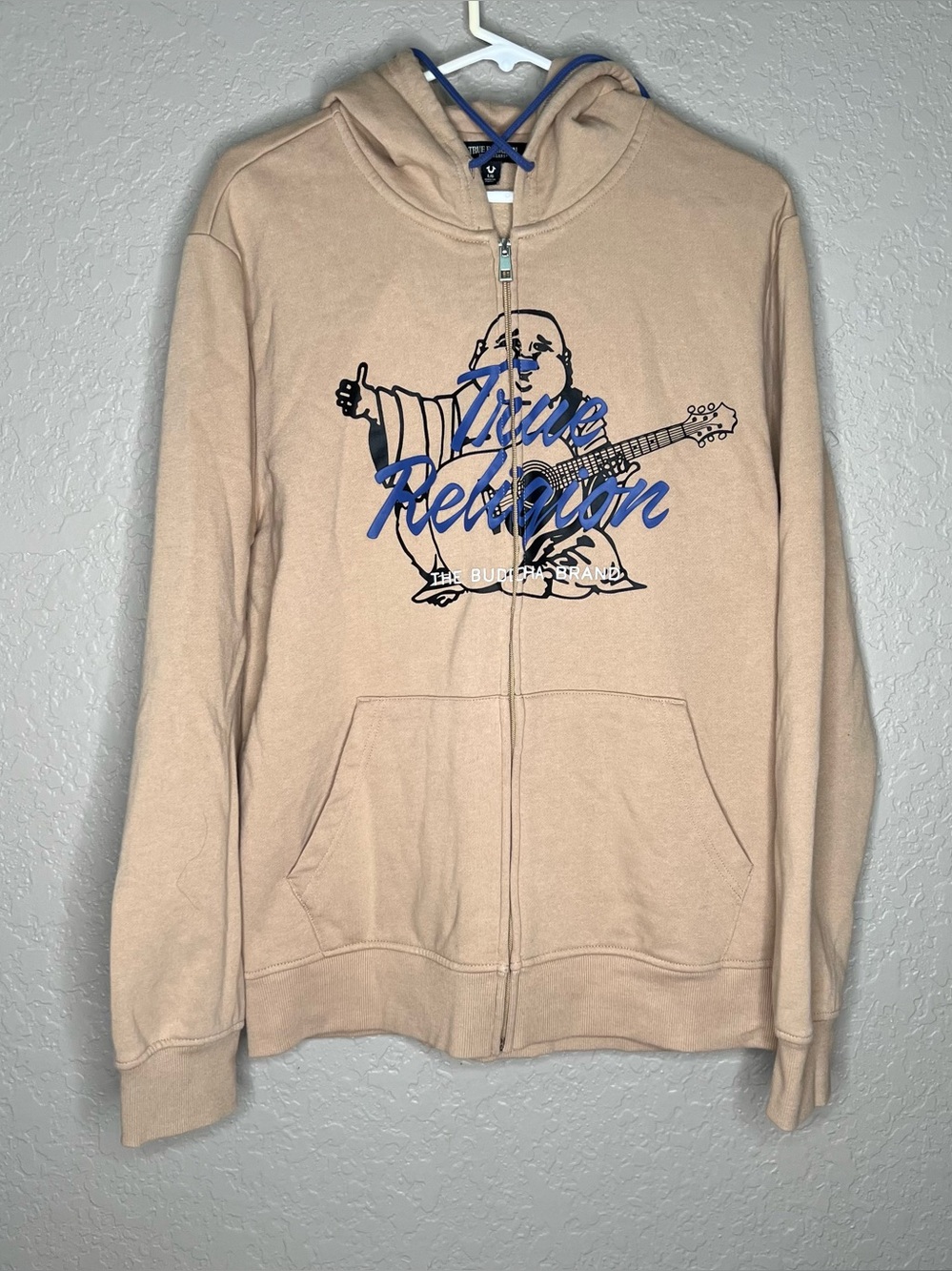 True Religion Overlap Script Buddha Zip Hoodie Tan Beige Blue Script Sz L